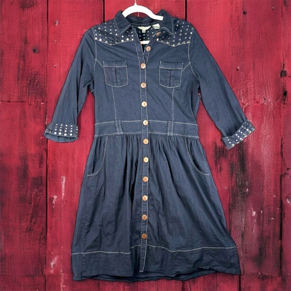 Stetson Dresses & Skirts - Stetson Denim Button Up Shirt Dress Studded Western Stitching Large Dark Wash 90